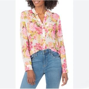 KUT FROM THE KLOTH Blouse Jasmine Chiffon Roll Tab Sleeves Semi Sheer Floral XS